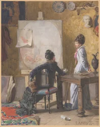 Adéle de Saussure och Marie-Louise Ravel, konstnärens hustru, i hans ateljé