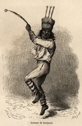 En dansare i Sarayacu (Peru), teckning av Riou, för att illustrera Paul Marcoys resa från Stilla havet till Atlanten från 1848 till 1860. Gravyr i "" Le tour du monde", redigerad av Edouard Charton