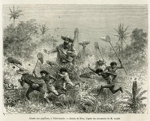 Ett gäng barn jagade efter fjärilar, tillsammans med författaren, en Villavicensio (Colombia), teckning av Riou, för att illustrera historien om Equinoxiale America (Colombia, Ecuador, Peru), 1875-1876, av Ed. andre, resenär som ansvarar för uppdraget av F