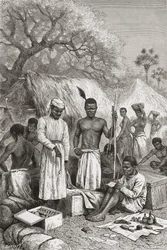 Abdullah Souzi, Jacob Wainright och James Chouma, Dr. David Livingstones tre tjänare, inventerar sina tillhörigheter efter hans död 1873, illustration från "The World in the Hands", graverad av Charles Barbant