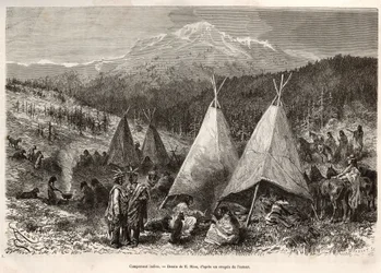 Ett indiskt läger, i Utahs territorium, på stranden av Riviere Verte. Gravyr efter teckningen av E.Riou, för att illustrera historien La conquete blanche, av William Hepworth Dixon, 1875, publicerad i "" Le tour du monde""" 1876, redigerad av Edouard Chart