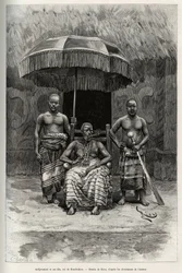 Ardjoumani (död 1892) och hans söner, kung av Bondoukou (Elfenbenskusten). Gravyr av Riou, för att illustrera historien "" Från Niger till Guineebukten"" av kapten Louis Gustave Binger (1856-1936), 1887-1889, i Le tour du monde, nouveau journal des voyag