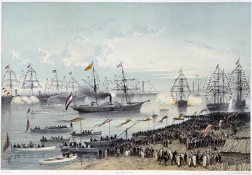 Hans Majestät Kejsaren av Österrikes ankomst till Port Said i "" Invigning av Suezkanalen av G. Nicole. 1869