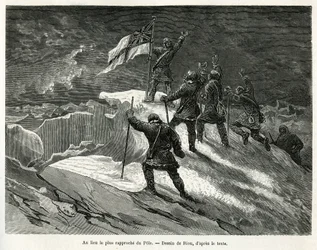 Kapten George Strong Nares (1831-1915) planterade den brittiska flaggan på platsen närmast polen, teckning av Riou, för att illustrera historien om en resa till polarhavet 1875-1876, av kapten G.S.Nares. Gravyr i Le tour du monde