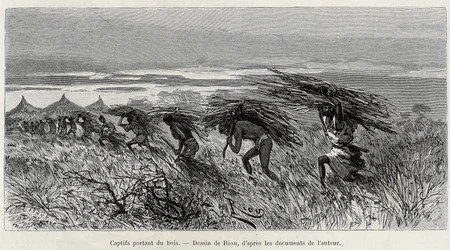 Fångar som bär ved i busken. Gravyr av Riou, för att illustrera berättelsen "" Från Niger till Guineebukten", av kapten Louis Gustave Binger (1856-1936), 1887-1889, i Le tour du monde, nouveau journal des voyages, under ledning av Edouar