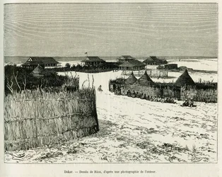 Dakar. Gravyr av Riou för att illustrera berättelsen Voyage a la Plata, tre månaders semester av Emile Blaireaux 1886, i tour du monde 1887, under ledning av Edouard Charton (1807-1890), Hachette, Paris.