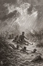 Dr. David Livingstone bärs genom ett träsk av bärare under sin expedition till Afrika 1872, illustration från "The World in the Hands", graverad av Charles Laplante