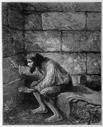 Edmond Dantes, greve av Monte Cristo (Monte Cristo) i sitt fängelse - Gravyr av Riou, i "La Comte de Monte-Cristo" av Alexandre Dumas, Rouff & Cie