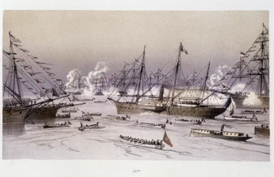 Örnens ingång till Port Said för invigningen av Suezkanalen - i "Through the Isthmus of Suez"" av Riou, Marius Fontaine