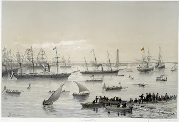 Suveränens intåg i Suezkanalen vid Port Said i "" Invigning av Suezkanalen av G. Nicole. 1869