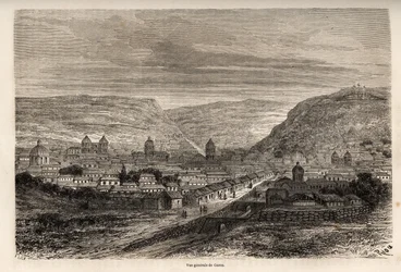 Allmän bild av Cusco eller Cusco, Inkas tidigare huvudstad, teckning av Riou, för att illustrera Paul Marcoys resa genom Sydamerika från 1848 till 1860. Gravyr i "" Le tour du monde"", redigerad av Edouard Charton