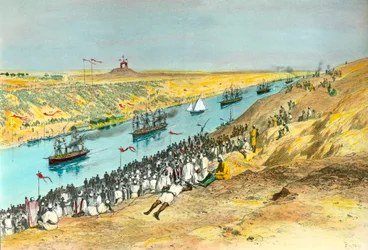 Invigningen av Suezkanalen. Kanalen skapades för att förbinda Röda havet med Medelhavet. Illustration av Edouard Riou (1833-1900), 1869, privat samling