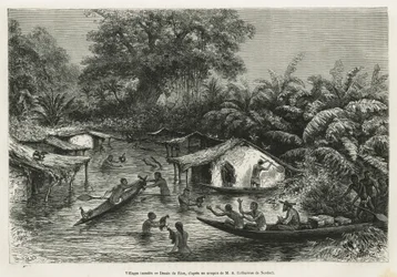 Inondes byar, teckning av Riou, för att illustrera historien om en resa till Gabon och floden Ogoue 1875-1877, av Alfred Marche. Gravyr i Le tour du monde