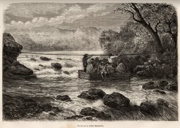 La traversee par le bac de la Riviere Mesacancha (Bas Peru), gravyr av E.Riou som illustrerar resan i bergen, Huarancalqui-dalen och Pjonal-regionerna, från 1862 till 1863, av Paul Marcoy, publicerad i "" Le tour du monde”” 1875