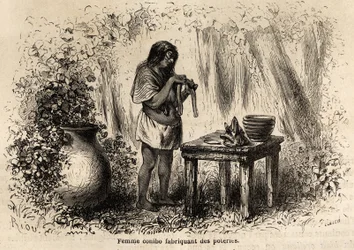 Tillverkning av keramik av en Conibo-indian från Peru, teckning av Riou för att illustrera P. Marcoys resa, från 1848 till 1860, från Stilla havet till Atlanten. Gravyr i "" Le tour du monde"", redigerad av Edouard Charton