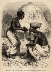 Matipa, en urbefolkning som gav kanoter till Livingstones team, serverades drickande av sin fru, graverad efter en teckning av Riou, som illustrerar David Livingstones sista dagbok (1813-1873), 1866-1873, publicerad i "" Le tour du monde ”” 1875, redigerad