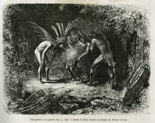 Medicinsk gasning med cigaretter i Roucouyan-indianerna. Gravyr av Riou, för att illustrera historien om Cayenne aux Andes, av Jules Crevaux, läkare vid franska flottan, 1878-1879, publicerad i Tour du monde, under ledning av Edouard Charton