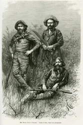 Medlemmar av expeditionen: Mr. Thouar (förlängning), Mr. Novis (stående till vänster) och Mr. Valverde (stående höger). Gravyr av Riou, för att illustrera berättelsen Voyage dans le Chaco Boreal