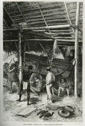 Morgonattack på upptäcktsresandens hydda av indianer från Amazonas stränder. Gravyr av Riou, för att illustrera historien om Cayenne aux Andes, av Jules Crevaux, läkare för franska flottan, 1878-1879, publicerad i Tour du monde, under ledning av