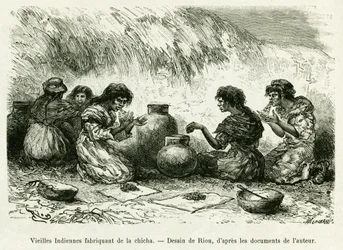 Gamla indiska kvinnor som gör shisha. Gravyr av Riou, för att illustrera berättelsen Journey in the Pilcomayo Delta och från Buenos Aires till Sucre