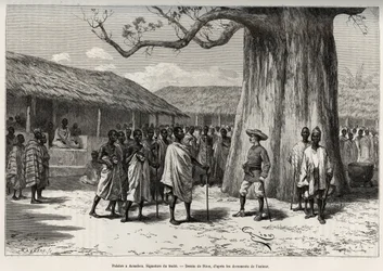 Palabre a Aouabou (Elfenbenskusten). Underskrift av den kommersiella affären vid Annos domstol, med ett porträtt av författaren. Gravyr av Riou, för att illustrera historien ""Från Niger till Guineebukten"" av kapten Louis Gustave Binger (1856-1936), 1887-