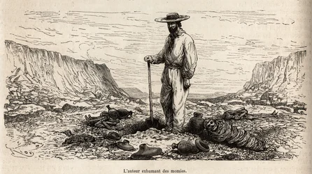 Paul Marcoy exhumant des mummies Incas (Bas Peru), gravyr av E.Riou som illustrerar resan i bergen, Huarancalqui-dalen och regionerna Pjonal, från 1862 till 1863, av Paul Marcoy, publicerad i "Le tour du monde" ” 1875, redigerad av Edou