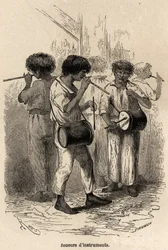 Spelare av musikinstrument i Sarayacu (Peru), teckning av Riou, för att illustrera Paul Marcoys resa från Stilla havet till Atlanten från 1848 till 1860. Gravyr i "" Le tour du monde", redigerad av Edouard Charton