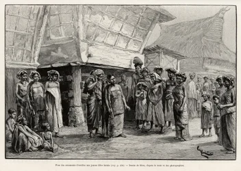 Spelar öronprydnader för Batak-flickor, etnisk grupp på norra Sumatra. Gravyr av Riou för att illustrera berättelsen "ett år i Malaysia", av Jules Claine (1856-1939)