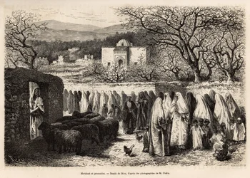 Procession till Marabout de Tlemcen (grav med en kupol av en man som tillhör islam), graverad efter en teckning av E.Riou, som illustrerar resan till Tlemcen (Algeriet), av E. de Lorral, 1875, publicerad i "" Le tour du monde””” 1875, redigerad av Edouard 