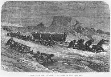 Att dra slädarna genom packisen, illustration från "Expedition du Tegetthoff" av Julius Prayer (1841-1915), graverad av Henri Theophile Hildibrand (1824-97).
