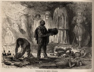 Restaurering av helgonstatyer i Sarayacu (Peru), teckning av Riou, för att illustrera Paul Marcoys resa från Stilla havet till Atlanten från 1848 till 1860. Gravyr i "" Le tour du monde"", redigerad av Edouard Charton