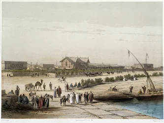 Scen och utsikt över kanalen i "" Invigning av Suezkanalen av G. Nicole. 1869
