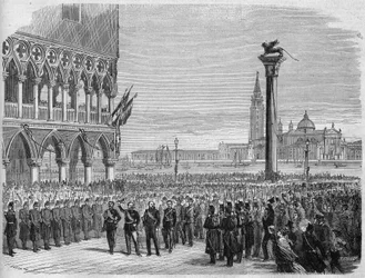 Kungen av Italien Victor Emmanuel II (Victor Emmanuel) (Vittorio Emanuele) i Venedig på Markusplatsen. Efter österrikarnas nederlag vid Sadowa återtogs Venetien till kungariket Italien 1866. Gravyr efter en teckning av Crepon och Riou. I "