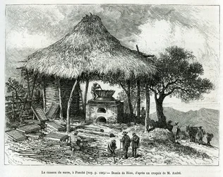 The Sugar Baking Oven, i Panche (Colombia), teckning av Riou, för att illustrera historien om Equinoxiale America (Colombia, Ecuador, Peru), 1875-1876, av Ed. andre, resemissionsavgift från den franska regeringen. Gravyr i Le tour du monde