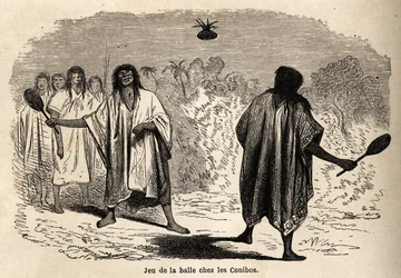 Bollspelet, bland de indiska conibos i Peru, teckning av Riou för att illustrera resan, från 1848 till 1860, av P. Marcoy, från Stilla havet till Atlanten. Gravyr i "" Le tour du monde"", redigerad av Edouard Charton