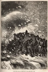 Besättningens båt är fångad i ett fruktansvärt storm, männen utan rep och gripar håller sin båt till styrkan i sina armar, etsat efter en teckning av E.Riou, som illustrerar historien om Polaris, isflotten, av löjtnant Tyson, i 1870-1873, utg