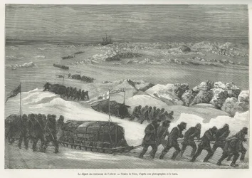 Avgången av Alert-slädarna, polarexpeditionens skepp, teckning av Riou, för att illustrera historien om en resa till polarhavet 1875-1876, av kapten G.S.Nares. Gravyr i Le tour du monde