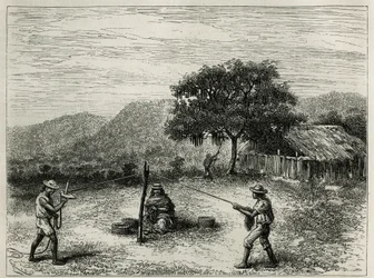 Tillverkningen av cabuya, sträng av Fourcroya, nära Cartago (Colombia), gravyr av Riou, för att illustrera historien om Equinoxiale America av E.Andre, uppdragsuppdrag av den franska regeringen, publicerad i tour du monde, under ledning av E