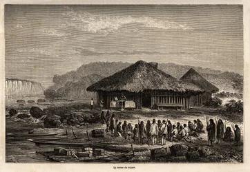 Avgångsmässan i Echarati (Peru), deltog av de konverterade infödingarna, teckning av Riou, som illustrerar Paul Marcoys resa från Stilla havet till Atlanten från 1848 till 1860. Gravyr i "" Le tour du monde"", redigerad av Edouard Chart