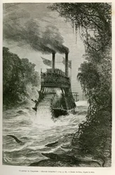 Passagen av Angostura (Colombia), av expeditionens ångbåt, teckning av E.Riou, för att illustrera resan till dagjämningstidens Amerika (Colombia, Ecuador, Peru), 1875-1876, av Edouard Andre (1833-1894) , resenär som ålagts ett uppdrag av Fr