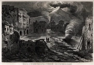 Torget i Torre del Greco, under Vesuvens utbrott, 8 december 1861, ritning av Riou, för att illustrera promenaderna runt Neapel av Marc Monnier, 1862. Gravyr i "" Le tour du monde"", redigerad av Edouard Charton
