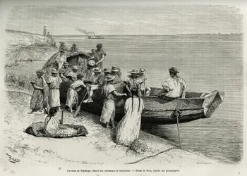 Starten för gummiforskare, i närheten av Tabatinga (övre Amazonasregionen). Gravyr av Riou, för att illustrera historien om Cayenne aux Andes, av Jules Crevaux, läkare vid den franska flottan, 1878-1879, publicerad i Tour du monde, under regi