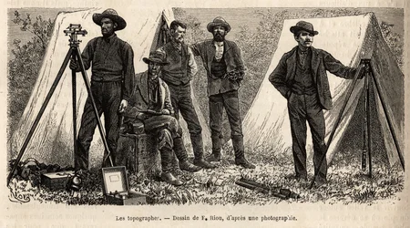 Gruppen av topografer med sin utrustning från den amerikanska geologiska expeditionen, gravyr efter teckningen av F. Riou, som illustrerar en serie geografiska expeditioner genom Förenta staternas nationalpark från 1870 till 1872 av herrarna Hayden, Doane