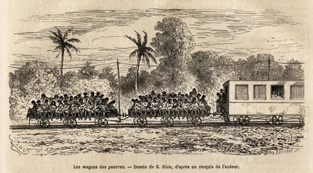 De fattigas vagn på de paraguayanska tågen, enkla plattformar fästa längst bak på tågen där passagerarna trängs ovanpå varandra efter avgången från Asuncións station, gravyr efter E. Rious teckning, som illustrerar resan till Paraguay
