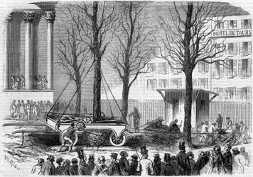 Transplantation av träd på Place de la Bourse i Paris under vintern 1858. Gravyr av Riou i "" Le Monde Illustré"" nr 46 den 27 februari 1858.