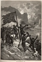 Tysons besättning, efter flera dagars drivande på ett isberg, såg äntligen en valfångare och viftade med den amerikanska flaggan för att ses och räddas, graverad efter en teckning av E.Riou, som illustrerar historien om Polaris, isflotten, av löjtnant Tyso