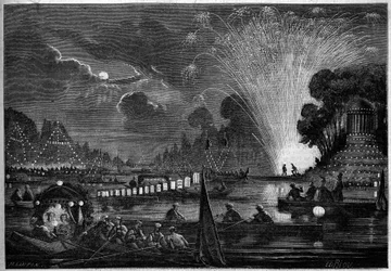 Venetiansk fest i Neuilly gavs till förmån för de fattiga 1858. Gravyr av Riou i "" Le Monde Illustré"" nr 77 av 2 oktober 1858.