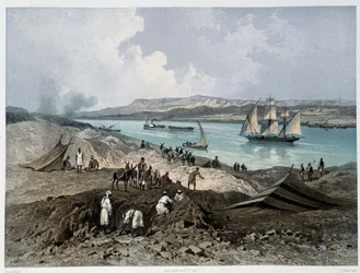 Utsikt över kanalen i "" Invigning av Suezkanalen av G. Nicole. 1869