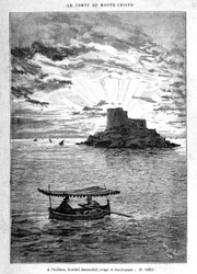 Segling till ön - Gravyr av Riou, i "" Greven av Monte-Cristo"" av A. Dumas, ed. Jules Rouff & Cie