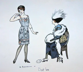 Skyltdocka som visar en lapp till en kund, ca 1912 (färg litho)